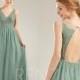 Party Dress Dusty Green Tulle Bridesmaid Dress Lace Illusion V Neck Prom Dress Long Open Back Wedding Dress A-Line Evening Dress(LS597)