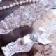 Wedding Garter Set, Bridal Garter, Vintage Pearl Garter on Off White Lace with Elegant Bow and Rhinestones, Something Blue Garter