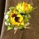 double sunflower bud corsage boutonniere with baby's breath with bow in your choice of colors