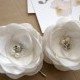 Bridal hair pins with satin fabric flowers, floral hair accessories (set of 2 pcs) - IVORY BLOSSOMS (with rhinestones and pearls)