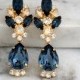 Blue Navy Earrings, Dark Blue Bridal Earrings, Navy Blue Chandelier Earrings, Blue Navy Champagne Swarovski Earrings, Bridal Drop Earrings