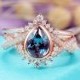Alexandrite Engagement ring set Rose gold women, Vintage wedding ring, Pear shaped,Curved diamond/ Moissanite band,Anniversary gifts for her