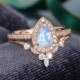 2PCS Pear shaped Moonstone engagement ring set Halo Rose Gold Marquise cut Moissanite wedding vintage Half eternity Bridal Anniversary gift