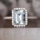 Emerald Cut Natural Aquamarine 8x6mm White Gold Engagement Ring, Diamond Halo and Half Eternity Aquamarine Bridal Ring in 14k White Gold