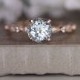 Round 7mm Aquamarine Engagement Ring in 14k Rose Gold, Diamond Milgrain Bridal Ring, Natural Aquamarine and Diamond Wedding Ring Set