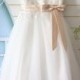 Wedding Light Ivory Flower Girl Dress with Blush Sash, Lace Applicated Tulle Flower Girl Dress Tea Length
