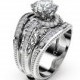 Moissanite Engagement Ring Guard Set Unique 14K White Gold Rings Natural Side Diamonds Bridal Set