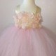 Custom Flower Girl Tutu Dress/Pink with Ivory Satin Ribbon/ Blush Pink with Sparkle and Ivory Ruffled Roses/Made To Order