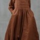 puff sleeve winter dress, maxi linen dress, linen dress, brown dress coffee dress, pleated dress, French dress, longsleeve 