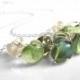 Green Bead Necklace - .925 sterling silver chain / pale glass swirled small tear drops - hints of aqua blue / white / clear - LAGOON