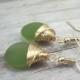 Green seaglass earrings, gold wire wrap Boho gemstone earrings, simple elegant drop dangle earrings