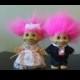 Vintage Russ Troll Dolls Bride and Groom Wedding Trolls Hot Pink Hair Trolls 5" Cake Topper Trolls