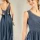 Steel Blue Bridesmaid Dress Chiffon Long Formal Dress Women One Shoulder Lace Open Back Evening Dress (H740)