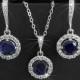 Navy Blue Sapphire Bridal Jewelry Set, Wedding Blue Silver Earrings&Necklace Set, Blue Halo Crystal Jewelry Set, Navy Blue Round Jewelry Set