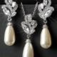 White Pearl Bridal Jewelry Set, Swarovski Teardrop Pearl Earring&Necklace Set, Wedding Jewelry, Pearl Silver Jewelry Set, Pearl Floral Set