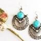 Silver Turquoise Earrings Statement Earrings Tribal Ethnic Fashion Earrings Bohemian Earrings Dangle Earrings Gift For Women Girlfriend Gift
