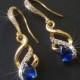 Navy Blue Gold Earrings, Sapphire Gold Dangle Earrings, Blue Gold Bridal Earrings, Bridal Sapphire Gold Jewelry, Blue Dainty Floral Earrings