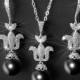 Black Pearl Jewelry Set, Swarovski 10mm Black Pearl Silver Set, Wedding Earrings&Necklace Set, Fleur De Lis Pearl Set, French Lily Jewelry