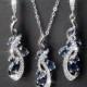 Navy Blue Bridal Jewelry Set, Blue Zirconia Earrings&Necklace Set, Wedding Jewelry Set, Sapphire Crystal Set Chandelier Earrings Pendant Set