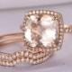 Morganite Wedding Ring Set 14k Rose gold morganite engagement ring 9x9mm Cushion Cut Pink Stone Curved Diamond Wedding Band Bridal Set