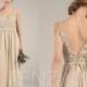 Bridesmaid Dress Cream Chiffon Dress Wedding Dress Lace Illusion V Neck Maxi Dress with Sash V Back Party Dress Sleeveless Prom Dress(L460)