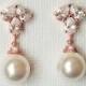 White Pearl Rose Gold Earrings, Swarovski White Pearl Drop Bridal Earrings, Rose Gold Pearl Jewelry Wedding Pink Gold Earring Bridal Jewelry