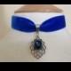 Royal blue Velvet Blue Rhinestone teardrop choker,Pagan Necklace Medieval Weddung Choker, Ribbon Tie Choker