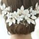 Leather gold floral Hair comb,Bridal pearl Hair Piece,flower hair comb,Pearl Wedding Hair Clip,pearl Hair Comb,Bridal Headpiece,TJ61