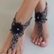 black silver lace gothic barefoot sandals Bellydance wedding prom party steampunk burlesque vampire bangle beach anklets bridal Shoes pool