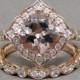 Cushion Morganite Engagement Ring Diamond Kite Set 14k Rose Gold Wedding Bridal Ring Set 8mm 2 3/5ct
