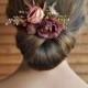 Burgundy hair comb, Fall wedding comb, Deep red headpiece, Rustic bride hair piece, Bridesmaids combs, Peach burgundy flowers hair