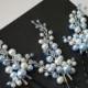 Dusty Blue White Bridal Hair Pins, Wedding Blue Hair Piece, Swarovski Light Blue Pearl Hair Jewelry, Blue Pearl Headpiece Set of 3 Hair Pins