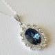 Blue Halo Crystal Necklace, Swarovski Denim Blue Silver Pendant, Blue Oval Bridal Necklace, Wedding Jewelry, Bridal Party Gift, Prom Jewelry