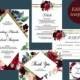 Burgundy blush navy gold wedding invitation templates set, Printable floral marsala wedding invites suite, Moody winter INSTANT DOWNLOAD PDF