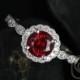 Rosados Box Sunny 6mm 14kt White Gold Crimson Ruby & Diamond Flower Halo WITH Milgrain Engagement Ring