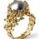 CORAL Gold Pearl Ring, Gray Pearl Ring, Pearl Engagement Ring, Large Pearl Ring, Pearl Statement Ring, Organic Gold Ring, Ocean Ring