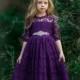 Purple Lace Flower girl dress, Bohemian Flower girl dresses, Eggplant rustic flower girl dress , Plum country flower girl dress, long sleeve