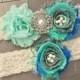Teal Peacock Wedding garder, Something Blue Garter Set, Lace Garter w/ Flowers, Pearl and Bling Accents, Plus size bridal garters available