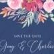 Save the date card watercolor wedding marsala peony pink rose navy blue background 5.25x5.25 in pdf customize online