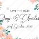 Save the date wedding invitation set blush pastel peach rose peony sakura watercolor floral PDF 5.25x5.25 in online editor