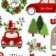 Merry Christmas Tree On red vw beetle Car Clipart winter holiday vectora elements