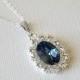 Blue Halo Crystal Necklace, Swarovski Denim Blue Silver Pendant, Blue Oval Bridal Necklace, Wedding Jewelry, Bridal Party Gift, Prom Jewelry