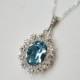 Aquamarine Silver Crystal Necklace, Wedding Aqua Blue Necklace, Blue Halo Oval Pendant, Bridal Necklace, Bridal Party Gift, Wedding Jewelry