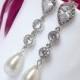 Long bridal earrings, pearl drop earrings, wedding crystal & pearl earrings, bridal jewelry, pearl wedding earrings, cz bridesmaid earrings
