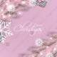 Merry Christmas greeting card pink fir tree branch gift box snowflake valentine mothers day card