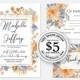 Wedding invitation peach orange chrysanthemum peony eucalyptus greenery digital card template free editable online USD 5.00 on VECTOR.SALE