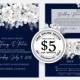 Wedding Invitation set white sakura hydrangea flower on navy blue background RSVP card, wedding details card, Printable, Editable