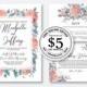 Wedding invitation set watercolor blush pink rose peony ranunculus greenery digital card template editable online USD 5.00 on VECTOR.SALE