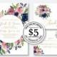 Wedding Invitation set watercolor floral rose pink peony greenery marsala navy blue card template editable online USD 5.00 on VECTOR.SALE