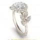 Halo Engagement ring, White Gold 14k, White Sapphire Engagement ring, Nature inspired Diamond Leaf ring, Leaf Gold ring, Bridal ring